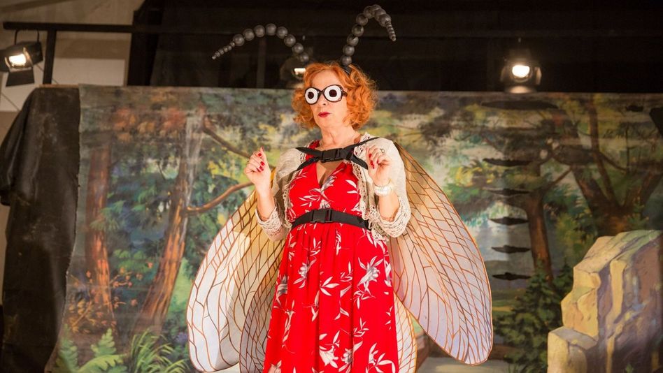 Filmstill aus INSECT: Eine Frau mit roten Locken und in einem roten Kleid ist mit Flügeln, Fühlern und aufgeklebten Augen als Insekt verkleidet. Im Hintergrund eine gemalte Waldlandschaft.