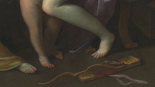 Film still from Mary Helena Clark’s „Exhibition“. A grainy crop of a painting. In the upper half naked human legs, fabrics and the feet of furniture; on the bottom half bow and arrows lying on the ground.