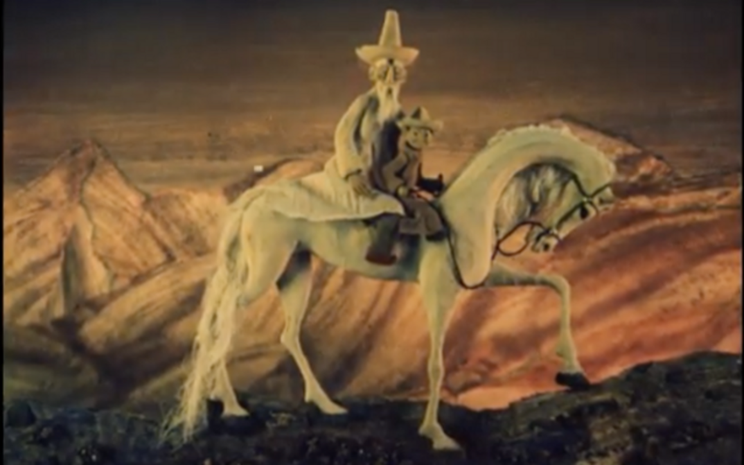 Film still from the animated film TOLUBAY: An old man and a child sit on a white horse.