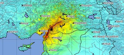 Karte des vom Erdbeben am 6. Februar 2023 betroffenen Gebiets in der Türkei, Syrien und Kurdistan