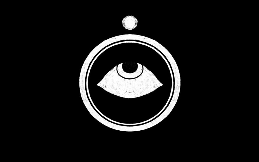 Film still from Stars Collective’s film “STARS”. Animation image showing a white symbol on a black background composed of a large circle containing a stylized eye in its center. Above the main circle is a small detached white circle, like a floating dot or sphere.