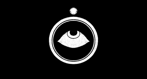 Film still from Stars Collective’s film “STARS”. Animation image showing a white symbol on a black background composed of a large circle containing a stylized eye in its center. Above the main circle is a small detached white circle, like a floating dot or sphere.