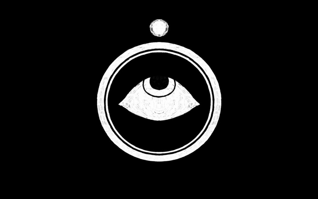 Film still from Stars Collective’s film “STARS”. Animation image showing a white symbol on a black background composed of a large circle containing a stylized eye in its center. Above the main circle is a small detached white circle, like a floating dot or sphere.