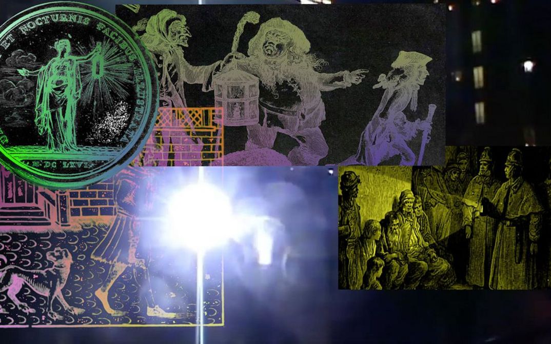 Still from the film "All of Your Stars Are but Dust on My Shoes" by Haig Aivazian. Collage-like images of abstract forms and a glistening light.