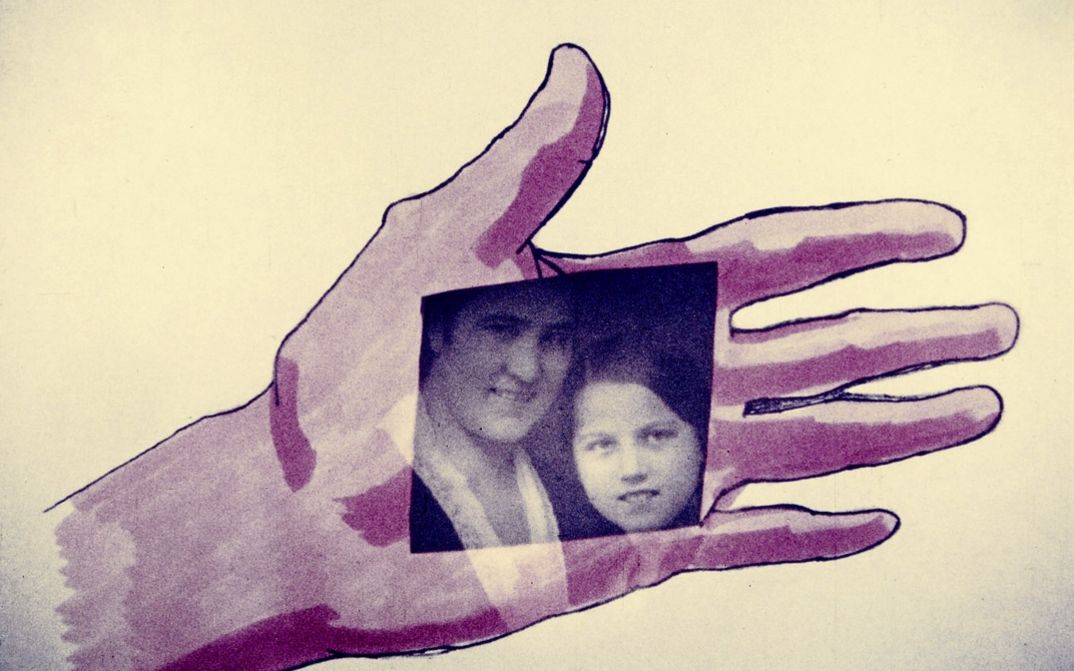 Filmstill aus "Palmistry" von Maria Lassnig. Zu sehen ist eine gezeichnete Hand auf dem ein Foto eines Mannes und einer Frau liegt.