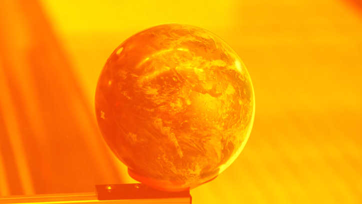 Filmstill aus STRANGE POWERS: Man sieht eine Weltkugel an einer Kante. Das gesamte Bild ist in leuchtend gelber und oranger Farbe. 