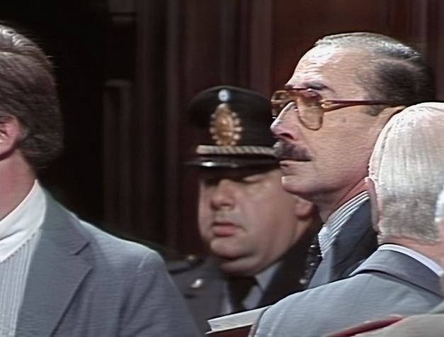 Still from the film "El juicio" by Ulises de la Orden. Several men in suits are standing next to each other, the one in the middle is wearing large glasses. There is another man in the background wearing a military uniform.
