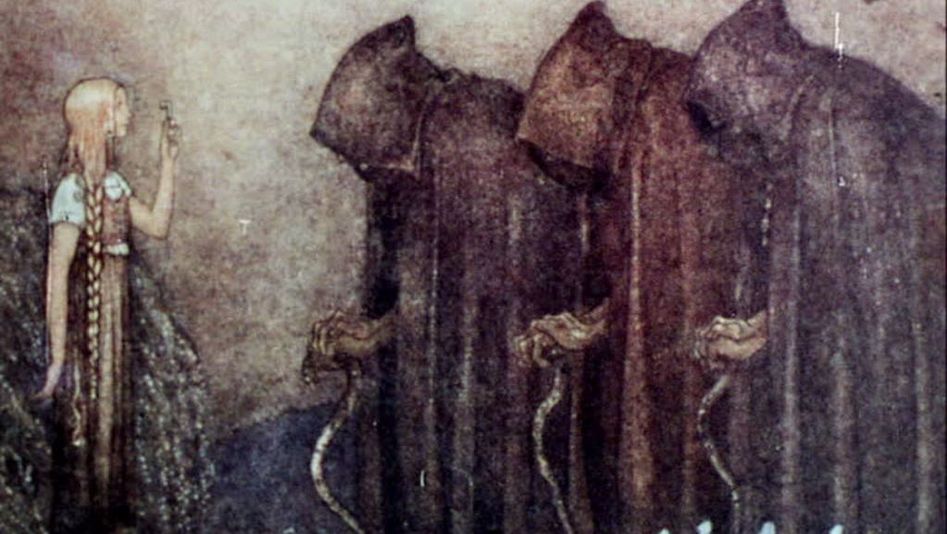 Filmstill aus RAPUNZEL, LET DOWN YOUR HAIR: In der Zeichnung ist links eine junge Person mit langen blonden Zöpfen zu sehen. Rechts im Bild und ihr gegenüber sind drei gebückte Gestalten, in dunkle Mäntel mit Kapuze gehüllt, so dass man ihre Gesichter nicht sieht.