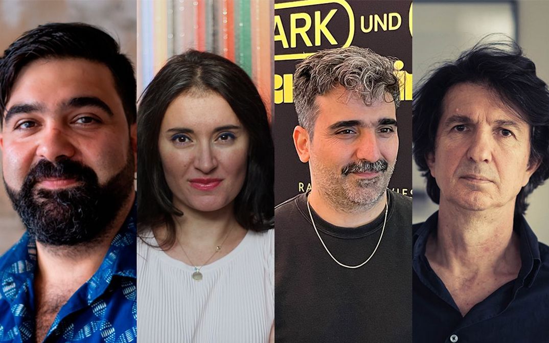 A collage of portraits showing panel host Can Sungu and the directors Cana Bilir-Meier, Cem Kaya and Yüksel Yavuz.