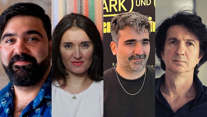 A collage of portraits showing panel host Can Sungu and the directors Cana Bilir-Meier, Cem Kaya and Yüksel Yavuz.