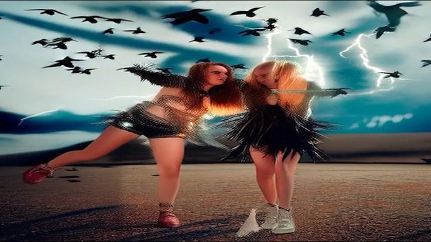 Two female-presenting figures dancing outdoors, lightning and flying birds in the background.