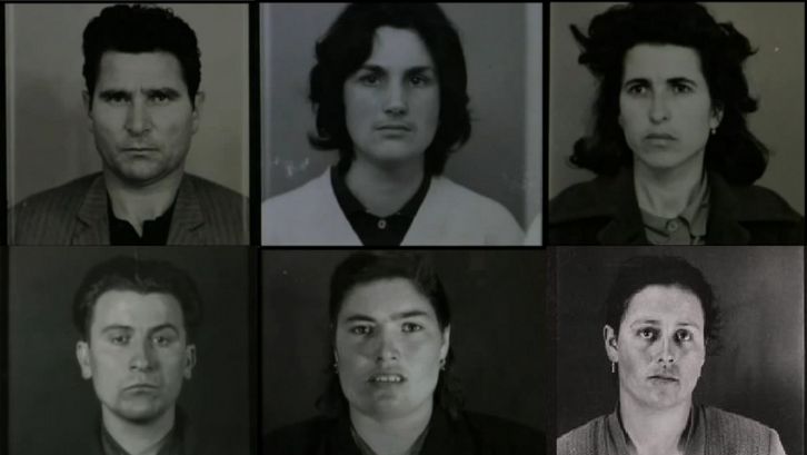 Film still from 48: A collage in black and white of six portrait photos.