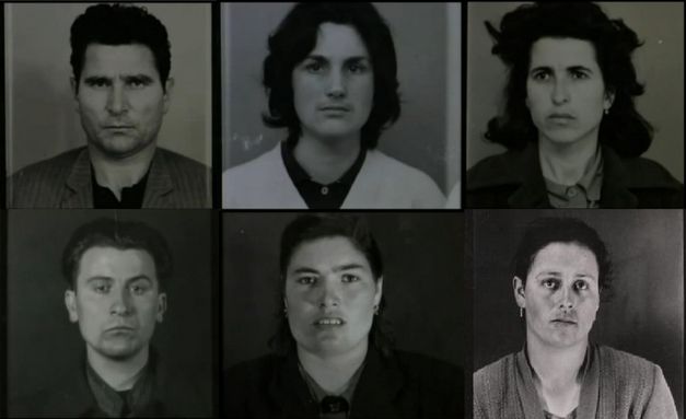 Film still from 48: A collage in black and white of six portrait photos.
