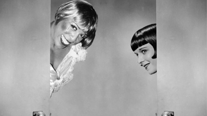 A collage: Louise Brooks looks out from behind a door on the right, Vaginal Davis on the left.