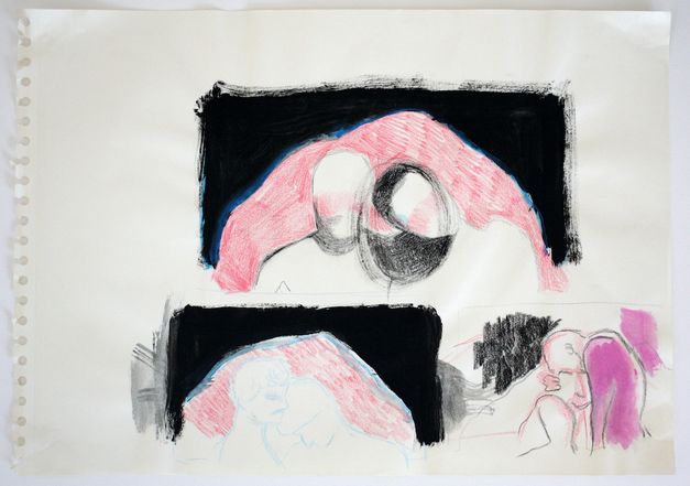 Rosafarbene und schwarze Skizzen zweier Menschen in unterschiedlichen Umarmungen.