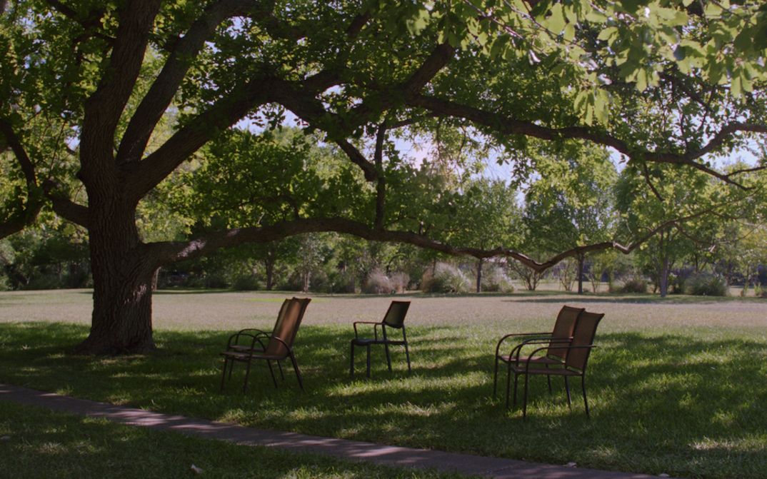 Filmstill aus FAMILY PORTRAIT: An einem sonnigen Tag stehen einige Stühle unter einem großen Baum im Schatten.