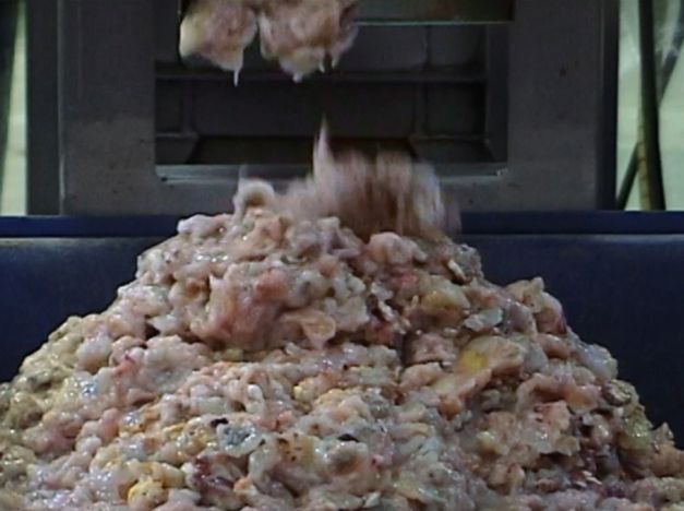 Film still from Tulapop Saenjaroen’s „Mangosteen“. A pile of fleshy material in the center, with more material falling onto it from the upper center of the image.