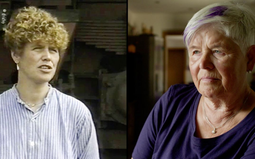 Film still from PRIDE & ATTITUDE by Gerd Kroske. The image, divided into two halves, shows the same woman twice. In the left half of the picture as a younger woman, in the right half a few decades later.