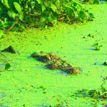 Ein neongrünes Bild von Wasser, mit der Form eines halb untergetauchtem Krokodils in der Mitte und Pflanzen im oberen Bildabschnitt. 