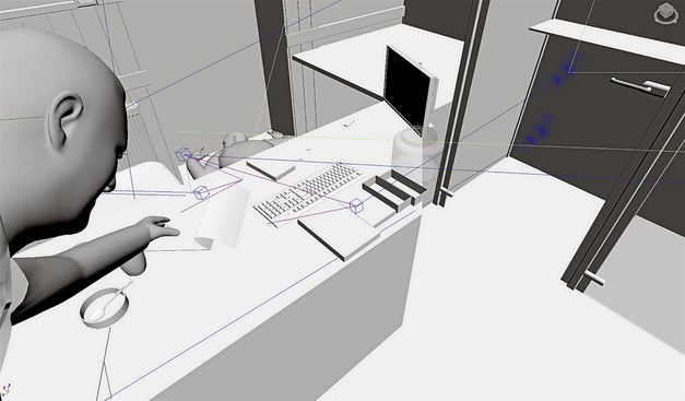 Filmstill aus „77sqm_9:26min“ von Forensic Architecture. Ein 3D-Rendering eines Raumes mit Computerarbeitsplatz und einer Figur, die von links nach etwas greift, was sich auf dem Arbeitsplatz befindet. 