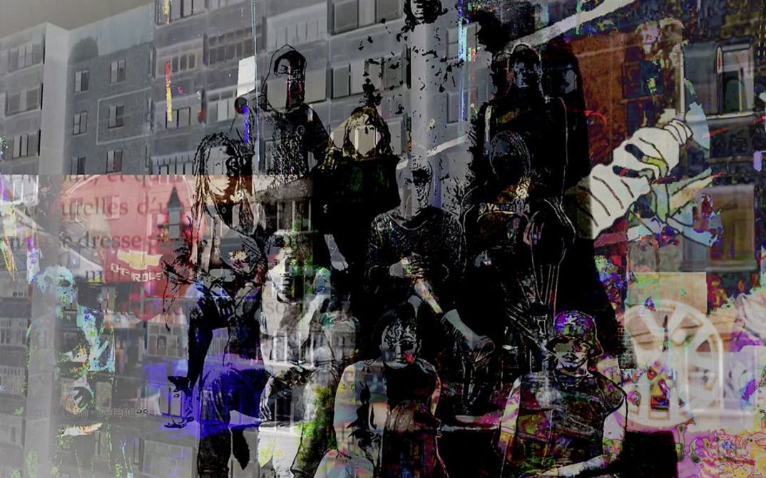 Filmstill aus dem Film "Sol in the Dark" von Mawena Yehouessi. Mit schwarzer Tinte gedruckte Umrisse einer Menschengruppe auf einem bunten Untergrund.