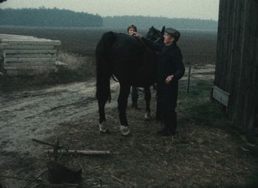Ein Mann und eine Frau stehen bei einem schwarzen Pferd, das von der Kamera wegschaut. Sie stehen an einer Scheune und im Hintergrund sehen wir ein Feld.