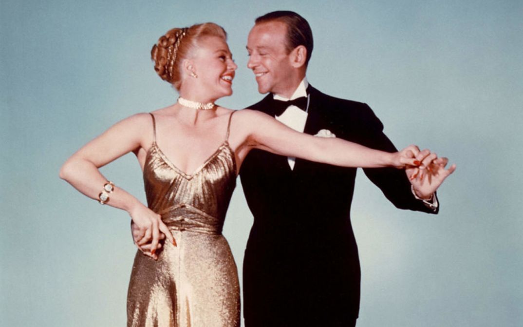 Film still from THE BARKLEYS OF BROADWAY. Ginger Rogers and Fred Astaire dancing.