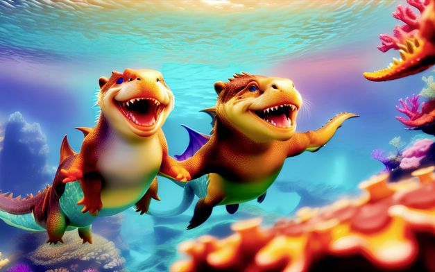 An AI-generated image of two chimerical water rats swimming hand in hand through an underwater world. 