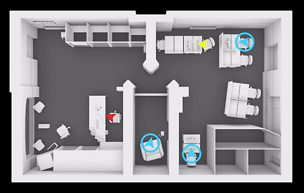 Filmstill aus „77sqm_9:26min“ von Forensic Architecture. Ein 3D-Rendering einer Wohnung in der Draufsicht mit Markierungen und Pfeilen. 