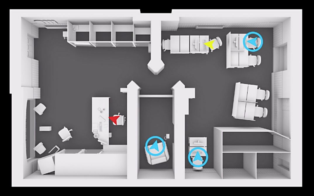 Still from the film "77sqm_9:26min" by Forensic Architecture. A 3D computer generated layout of a flat with marks and arrows. 