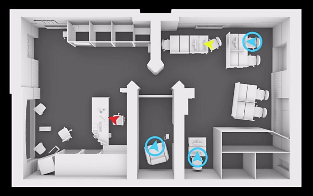 Filmstill aus „77sqm_9:26min“ von Forensic Architecture. Ein 3D-Rendering einer Wohnung in der Draufsicht mit Markierungen und Pfeilen.