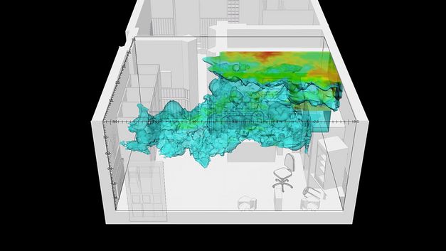 Filmstill aus „77sqm_9:26min“ von Forensic Architecture. Ein 3D-Rendering einer Wohnung von schräg oben mit der Visualisierung von Rauch- oder Gasverteilung. 