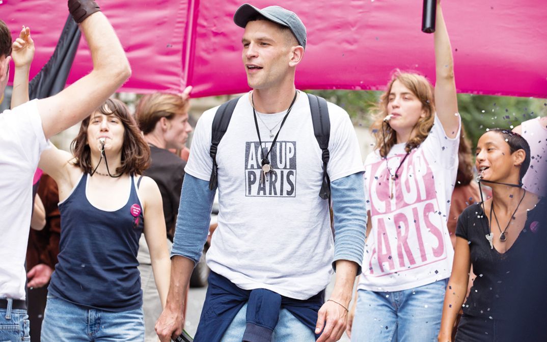 Film still from 120 BPM: People at a rally of ACT UP Paris.