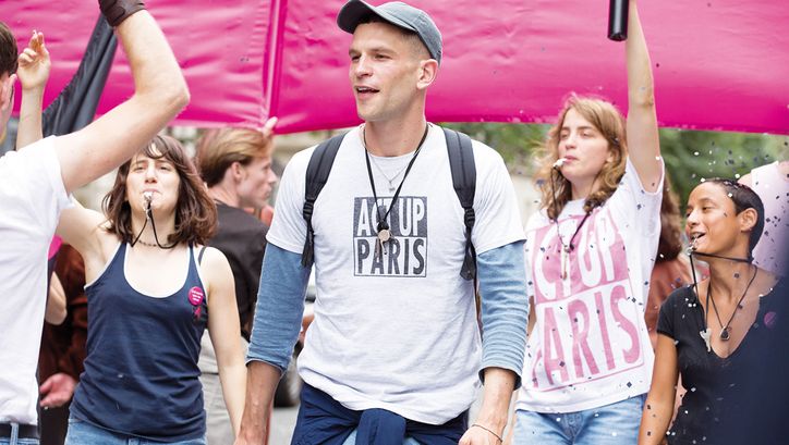 Film still from 120 BPM: People at a rally of ACT UP Paris.