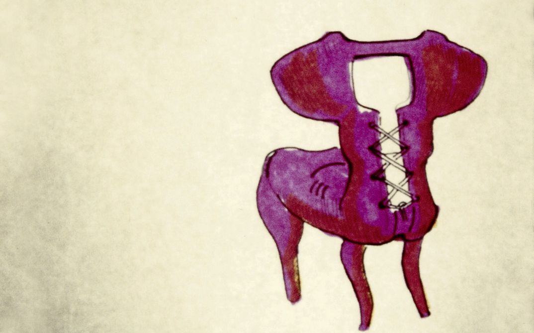 Film still from "Chairs" by Maria Lassnig. It shows a drawing of a surrealist chair with lacing.