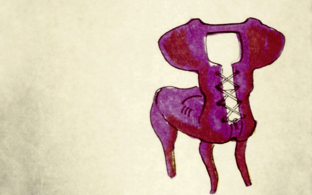 Filmstill aus "Chairs" von Maria Lassnig. Zu sehen ist eine Zeichnung eines surrealistischen Stuhls mit Schnürung.