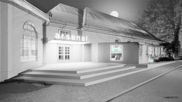 Visualization of the cinema entrance with the lettering arsenal and a program poster. 