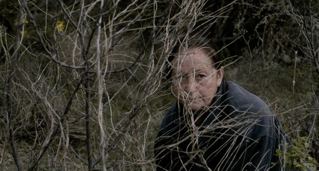 Film still from "La hojarasca" by Macu Machín. It shows a woman behind a scrub. 