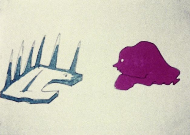 Film still from "Encounter" by Maria Lassnig. It shows a drawn animation of two figures. A square with spikes and a face and a pink blob with a face. They are looking at each other.