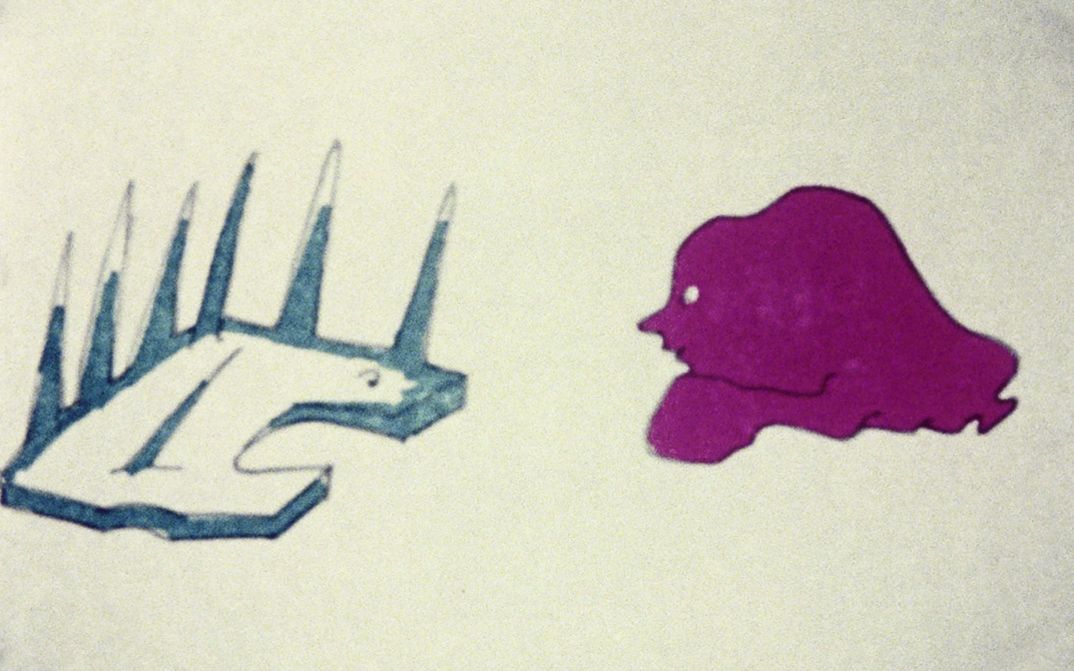 Film still from "Encounter" by Maria Lassnig. It shows a drawn animation of two figures. A square with spikes and a face and a pink blob with a face. They are looking at each other.